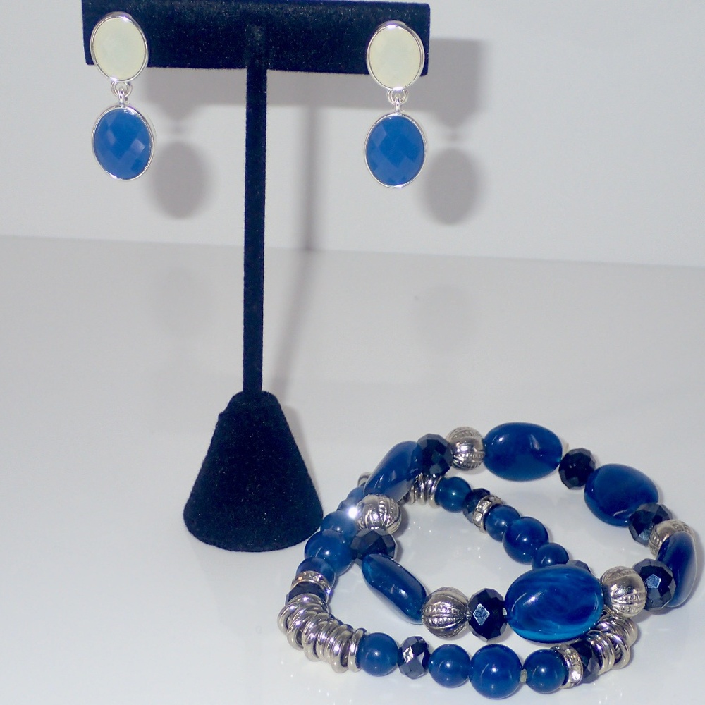 Bracelet and Drop Earring Matching Set Classic Blue White & Silver Tone